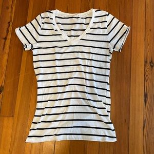 striped black and white v-neck